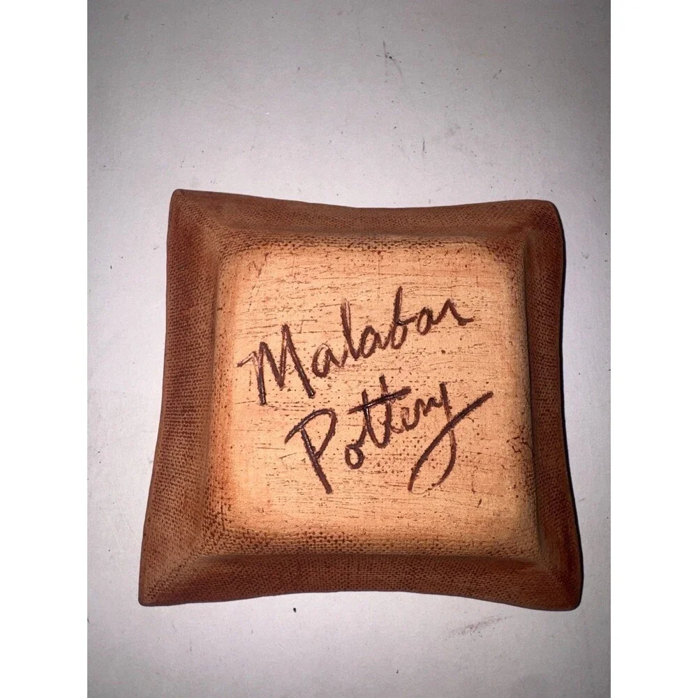 Signed Malabar Pottery Clay Stamped Leaves 5” Square Trinket Dish Plate Florida